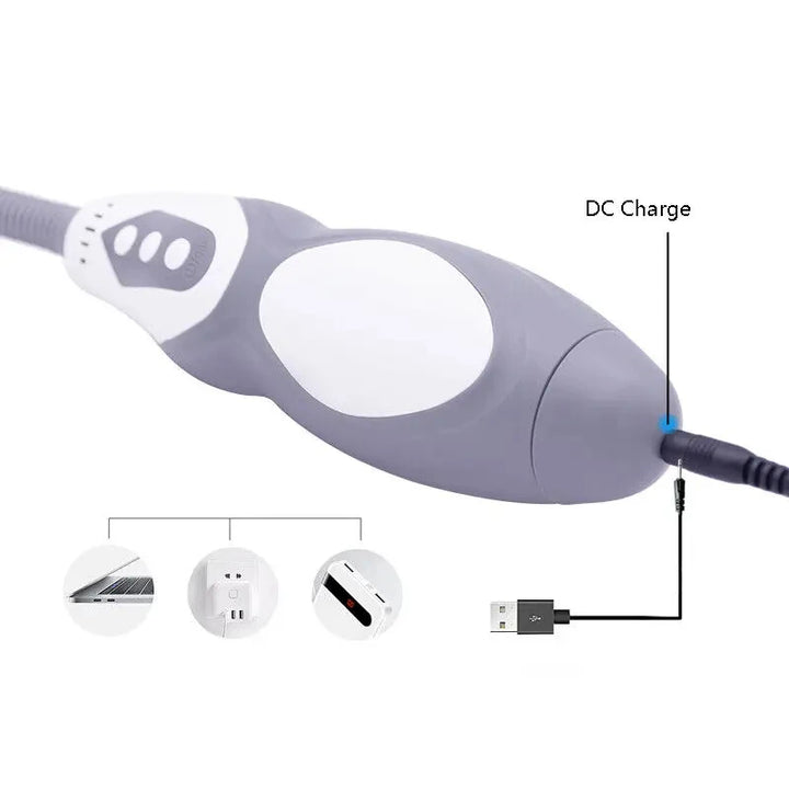 An instructional image showing how to charge the three-button gray and white vacuum pump using a USB DC cable and plugging it into the bottom of the device, along with a computer, outlet, and phone as battery sources