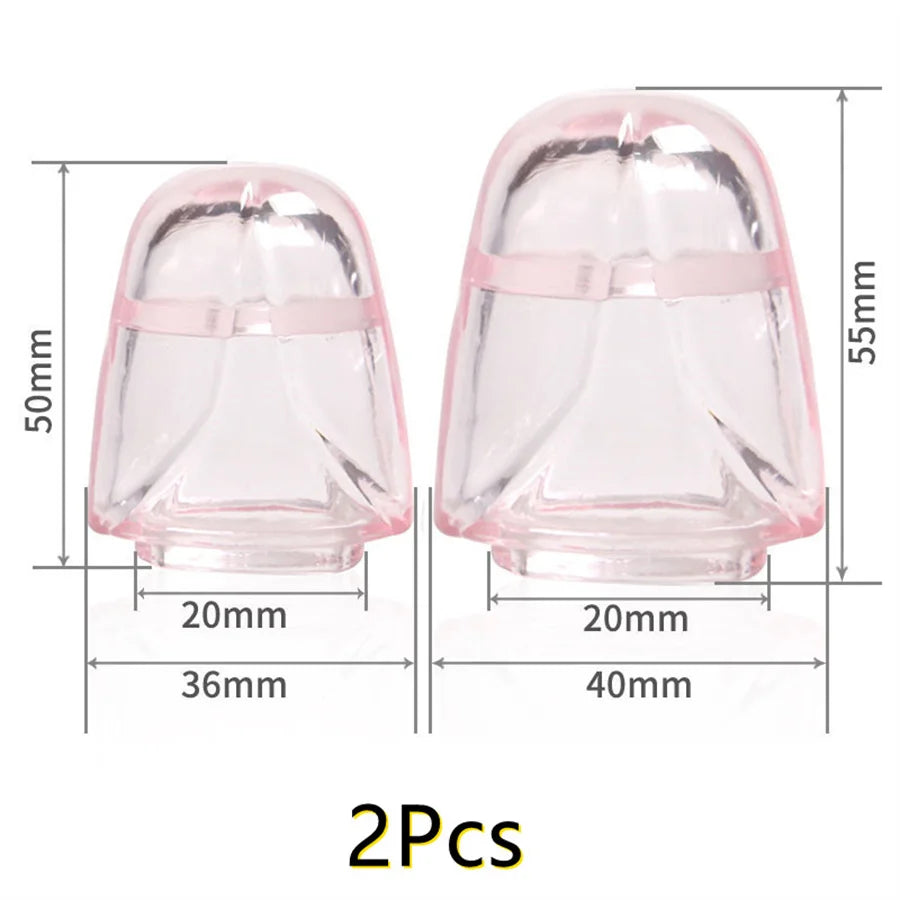 Two translucent pink glans cover penis head caps with dimensions on a white background.