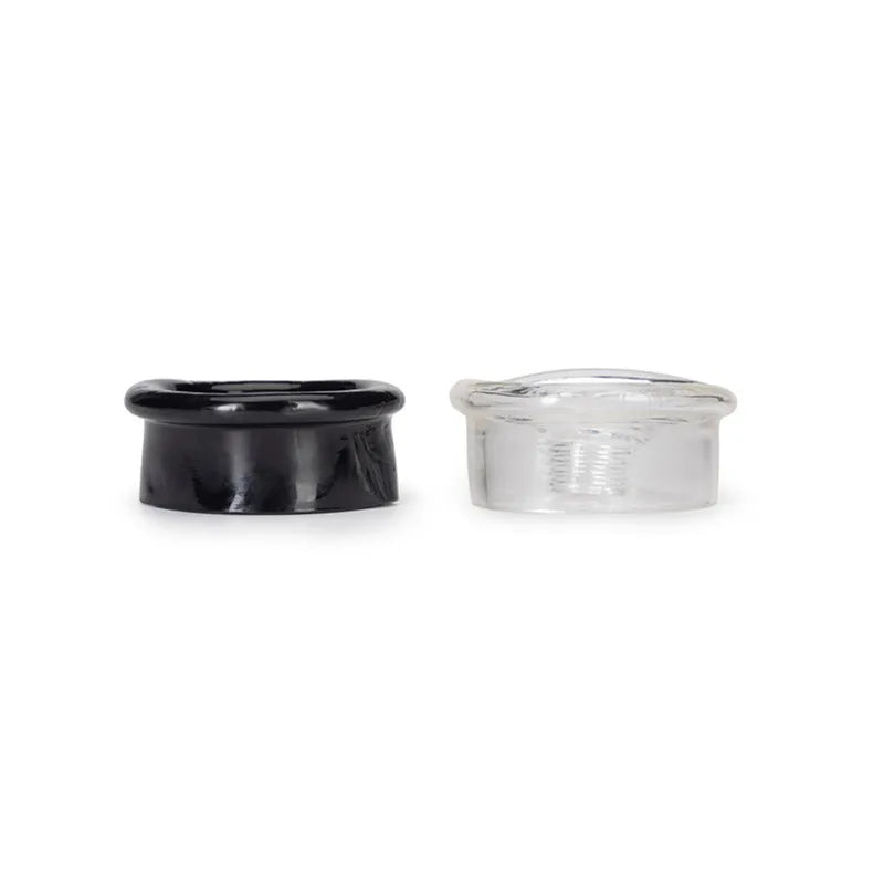 An image of two ribbed texture penis pump sleeve covers in black and white from a side angle on a white background