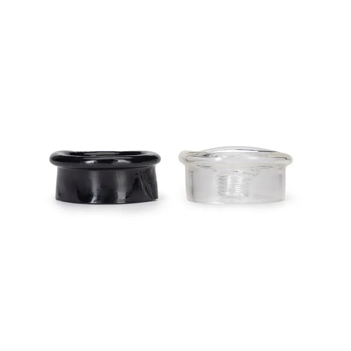 An image of two ribbed texture penis pump sleeve covers in black and white from a side angle on a white background