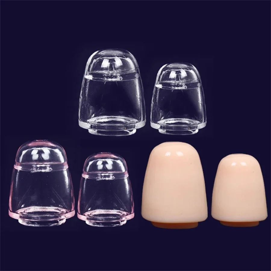 An image showing the two different sizes that come in the package of glans cap sleeve covers. There is one small and one large glans cap cover in each order or package, and the image shows both variations in clear, translucent pink, and flesh beige colors.