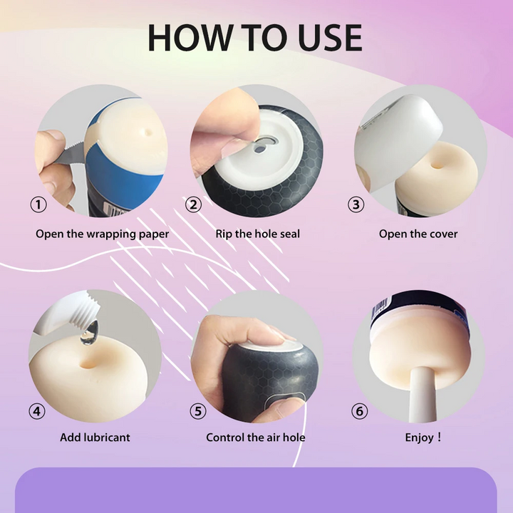 How to use instructions for the YourWave masturbation cup including opening the wrapping, pealing the cover of the hole, opening the cover, adding lubricant to the opening, putting your finger over the air hole, and then finally inserting the penis.
