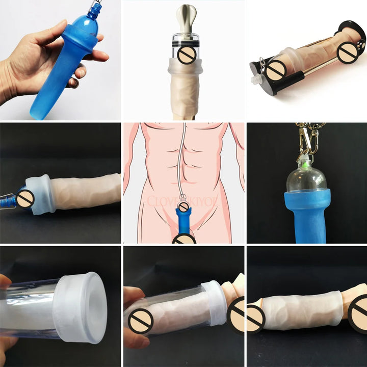 An image of nine different graphics showing various uses for silicones sleeves including extending, handing, extending from the neck, penis pumps, and more.