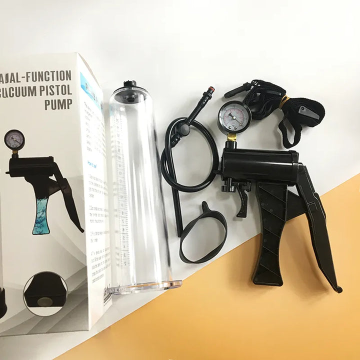 This image shows all the package components of the waterproof dual air/water penis pump