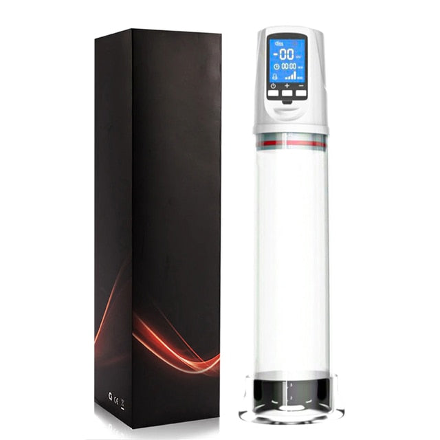 An electric, air penis pump with white LCD remote control attached mechanism and a product gift box