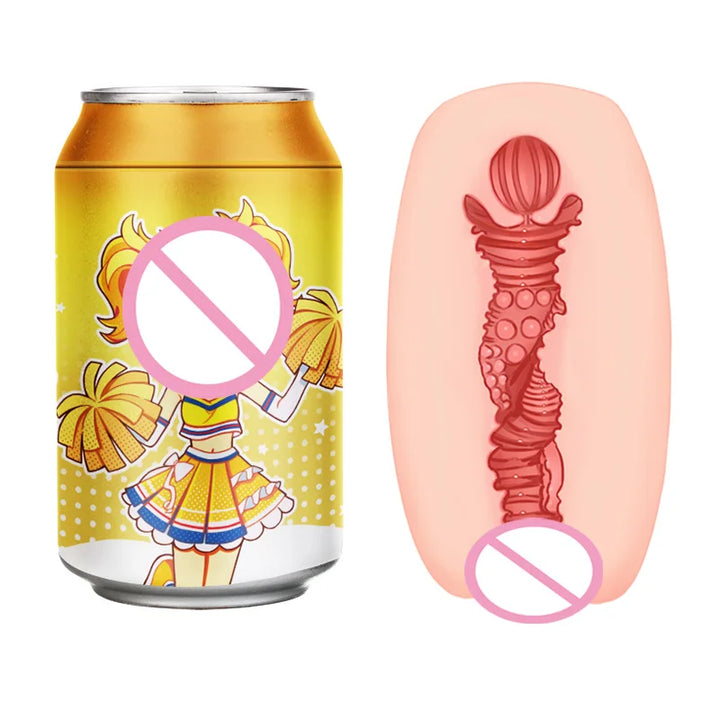 Yellow can with a female anime cheerleader with pom poms and a skirt. On the right side is a pink fleshy sleeve showing the inner pleasure tube of the masturbator. The sleeve has nodes, twists, and a textured ridge pattern.