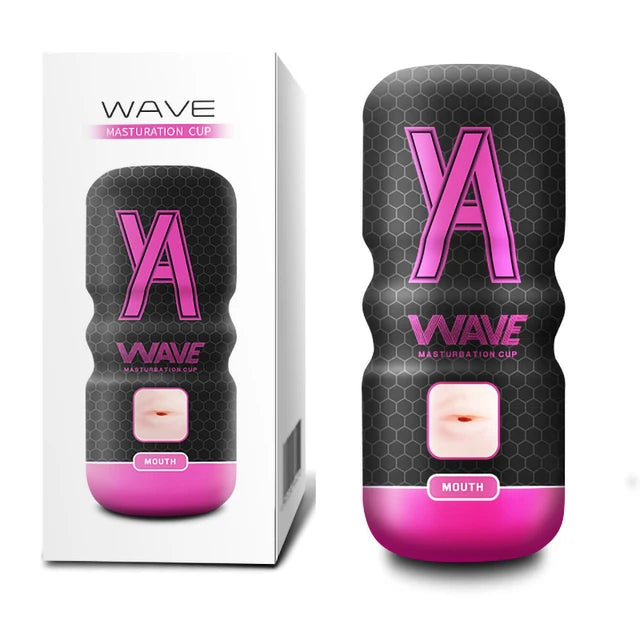 YourWave masturbation cup with pink and black design for a mouth-like feel on a white background with packaging box
