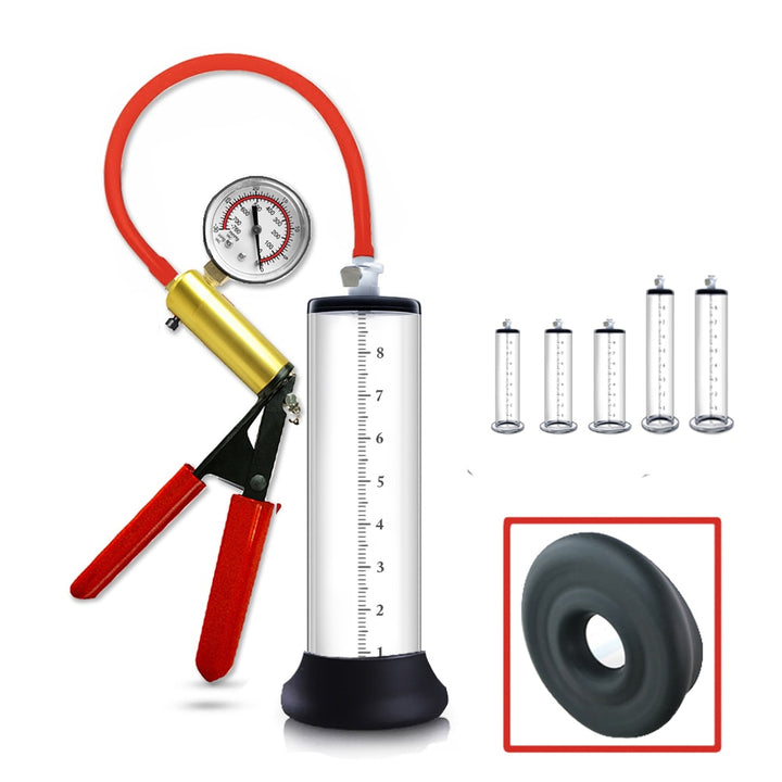 penis pump manual trigger showing different size cylinders and included silicone sleeve